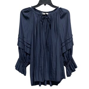Ramy Brook Navy‎ Blue Randi Puff Sleeve Top Tiered Sleeve V Neck Top size medium
